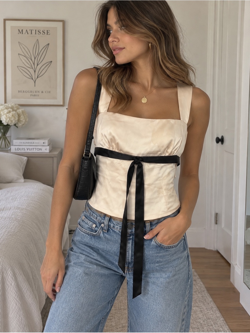 EDIKTED Cream Satin Black Bow Corset Top Coquette Y2K Size Small